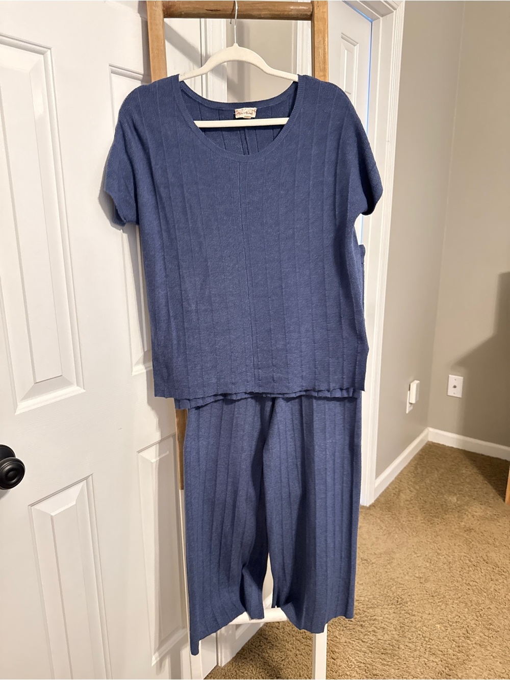 Hem & Thread Ribbed Knit Top and Pants in Navy Blue